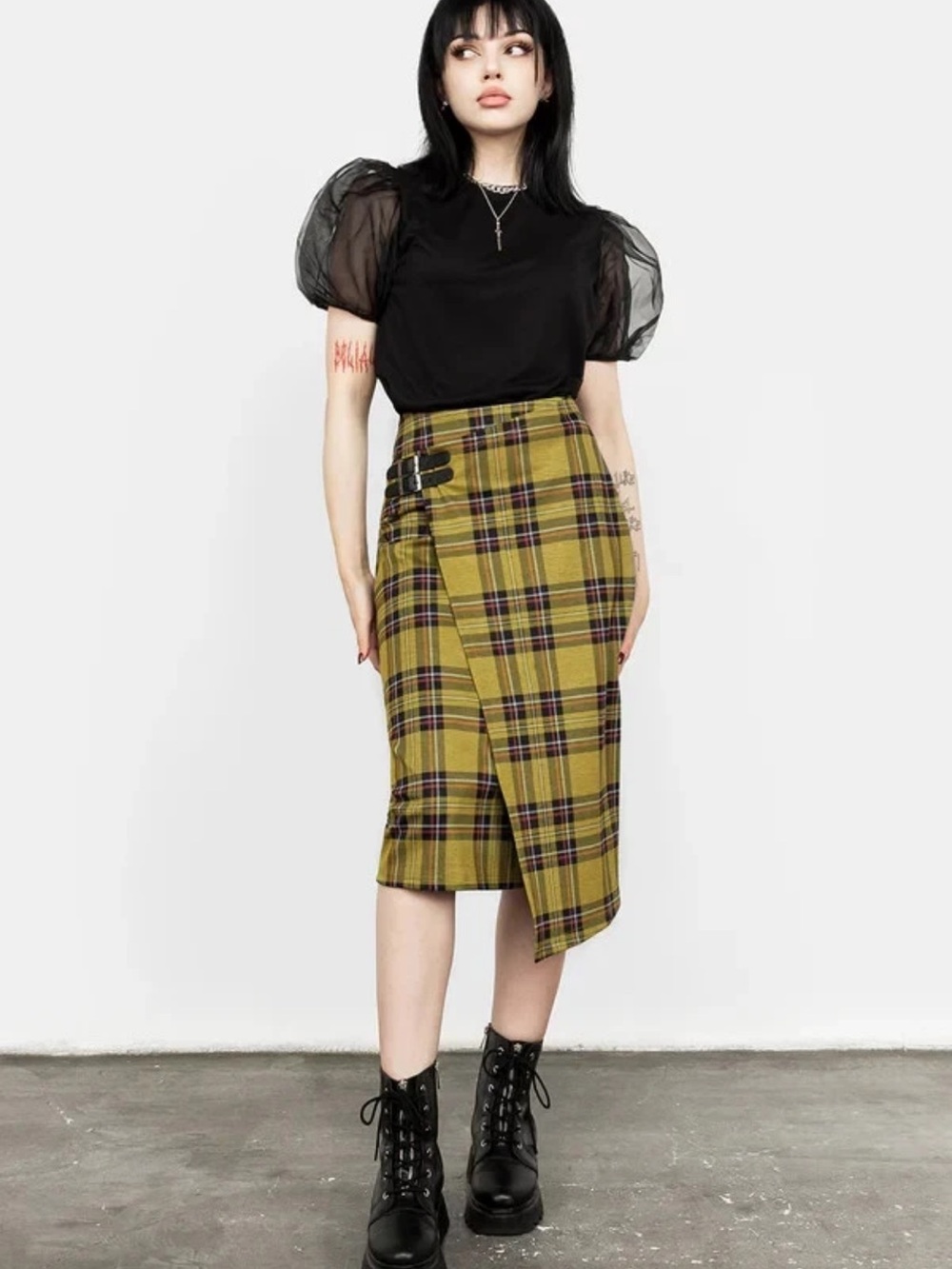DISTURBIA ALBERTINE MIDI KILT WRAP SKIRT ASYMMETRIC TARTAN PUNK GOTH SIZE 12